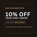 Promotional graphic on a dark brown background with gold and white text offering 10% off the first order, with the code WELCOME10.